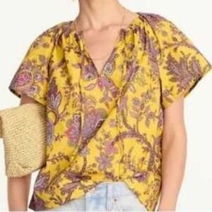 J. Crew Women's Small Yellow Paisley Print Short Sleeve Tie Neck Poplin Top Boho